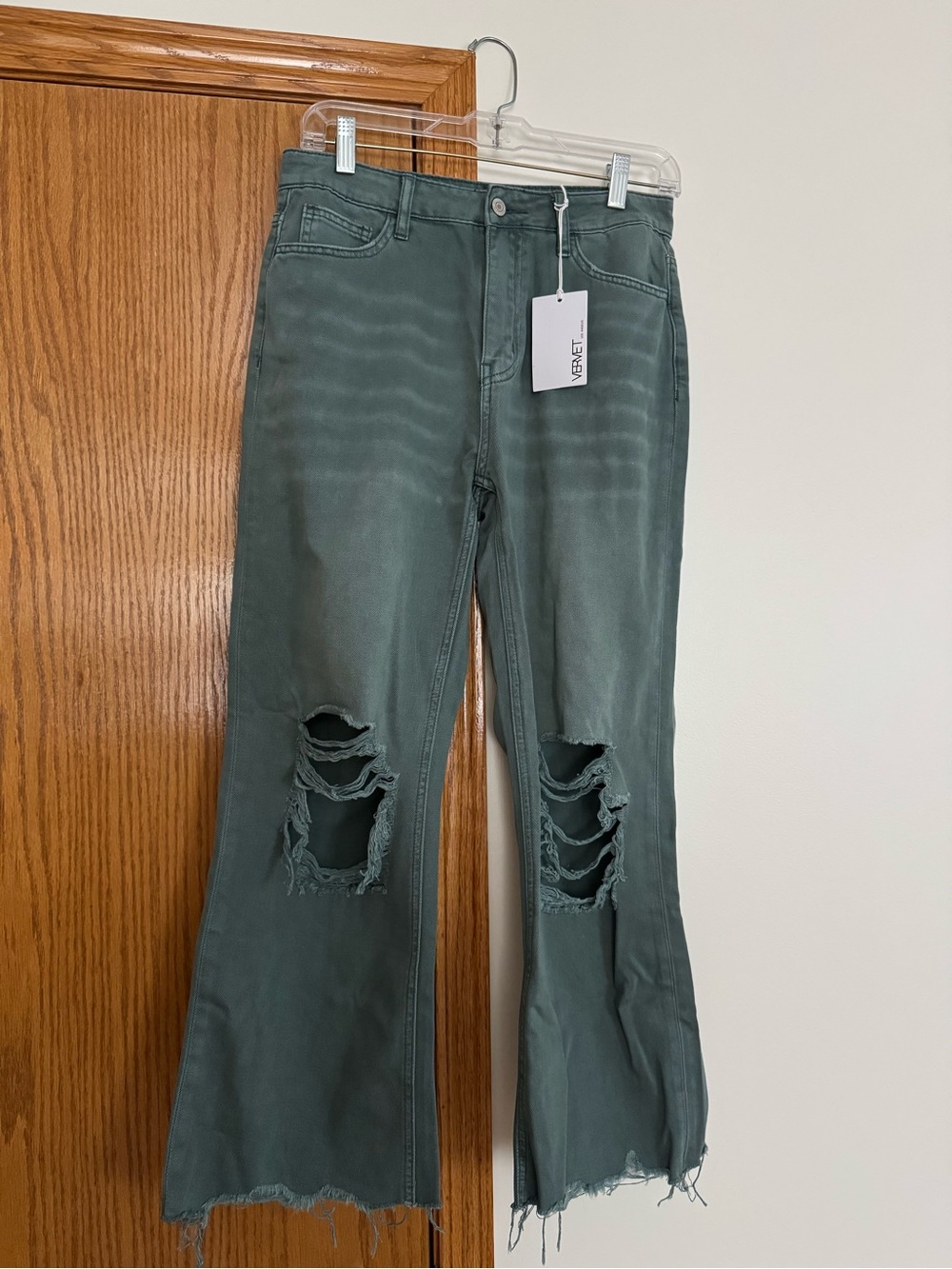 Women’s Distressed Dark Green Flare Jeans